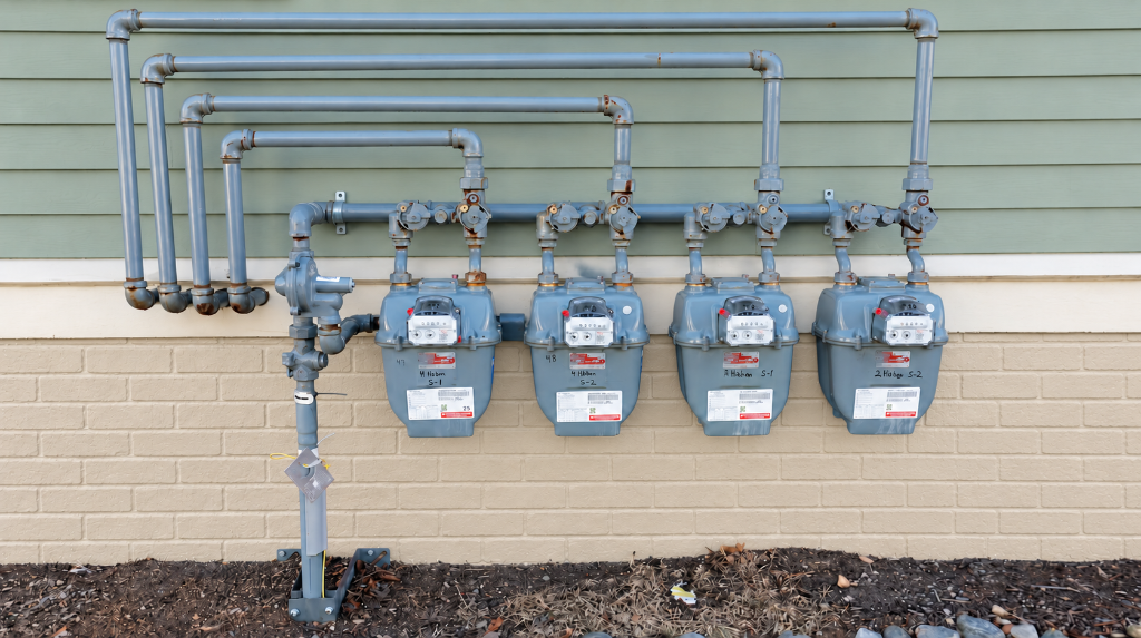 Bank of four gas meters with new gas piping
