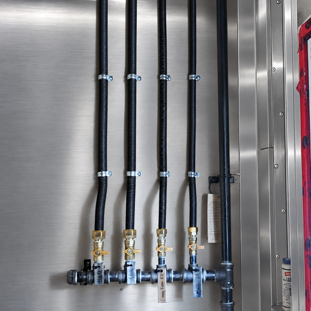 Flexible TracPipe gas lines with brass shutoff valves on a manifold