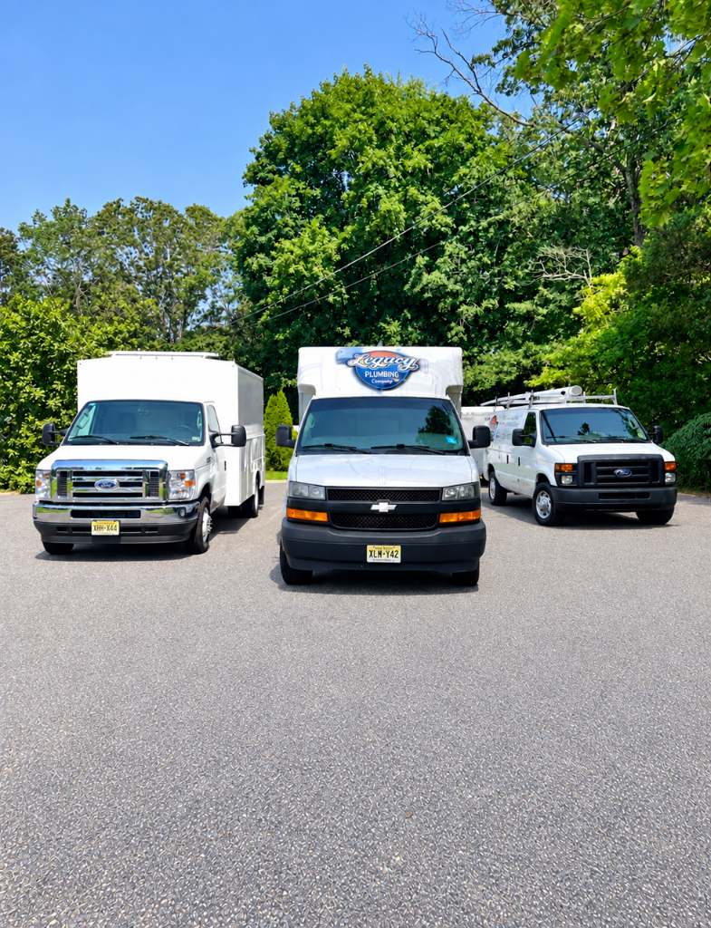 Legacy Plumbing fleet of service trucks and vans parked side by side