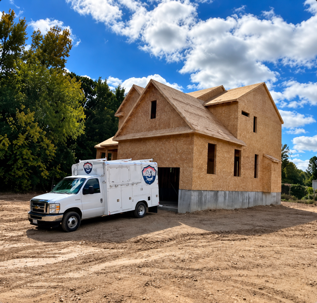 Legacy Plumbing service truck at a new construction home site in South Jersey