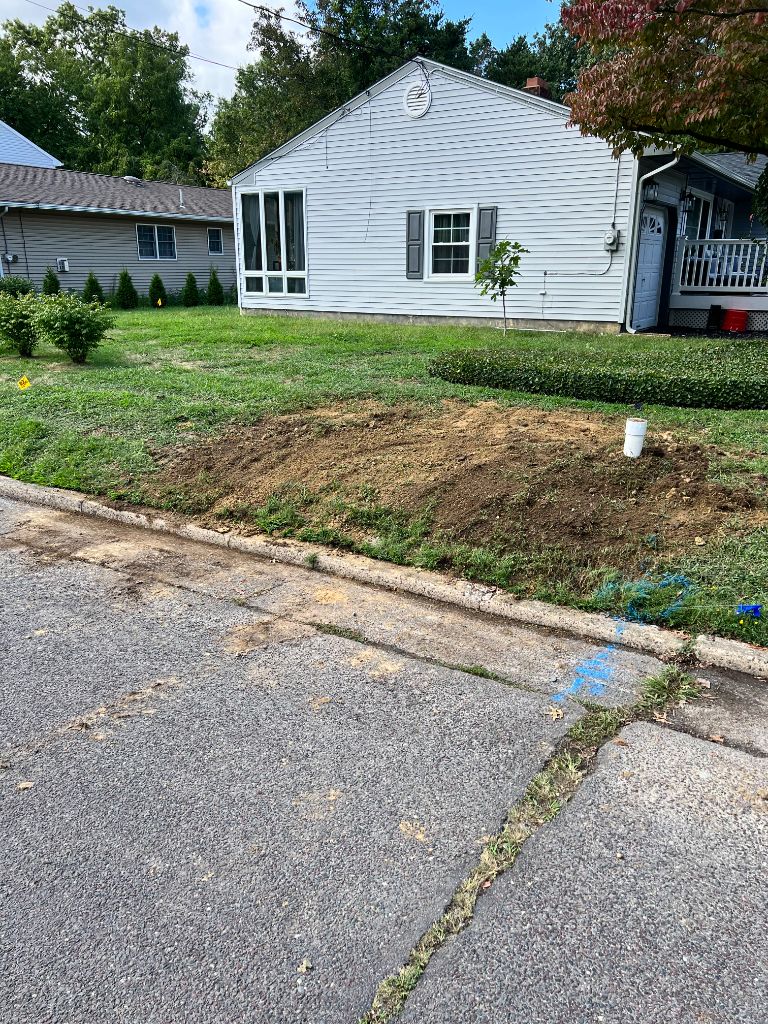 Yard after sewer clean-out replacement — trench backfilled