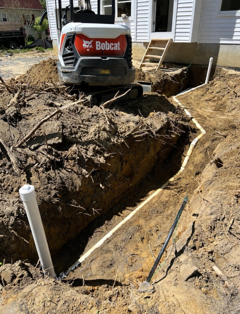 Bobcat mini excavator digging sewer trench beside house foundation