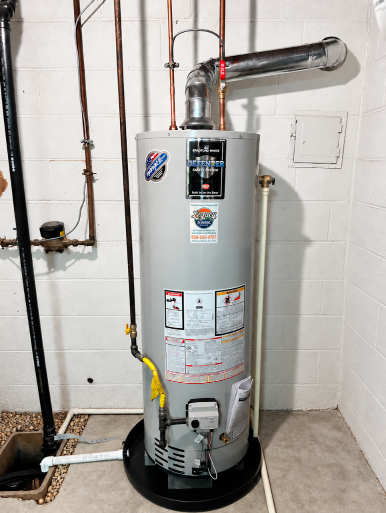 Bradford White gas tank water heater with flue pipe installed by Legacy Plumbing South Jersey