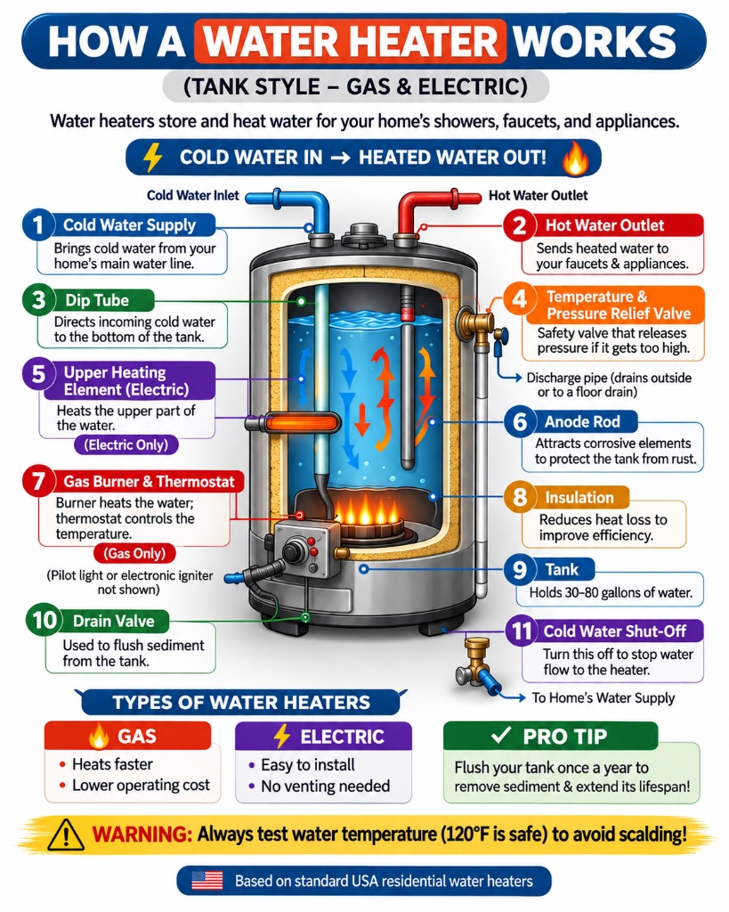 Infographic: How a tank-style gas and electric water heater works — cold water supply, dip tube, heating elements, anode rod, T&P valve, and drain valve labeled