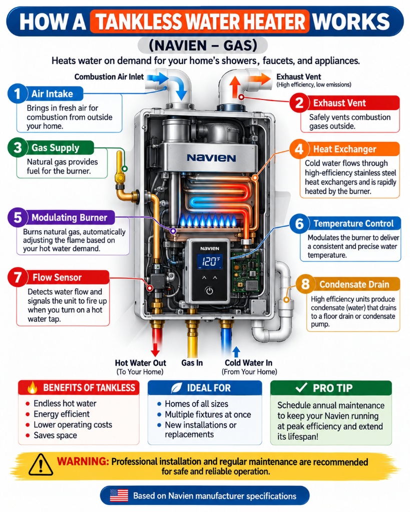 Infographic: How a Navien tankless gas water heater works — air intake, exhaust vent, heat exchanger, flow sensor, modulating burner, and condensate drain labeled